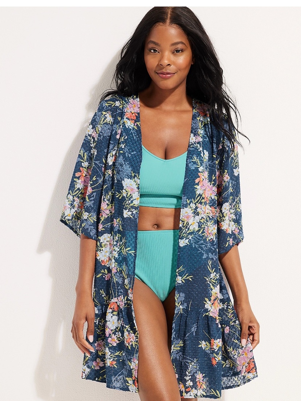 Maurices Blue Floral Textured Sheer Long Kimono Cardigan With Tiered Ruffle Hem - Picture 2 of 8